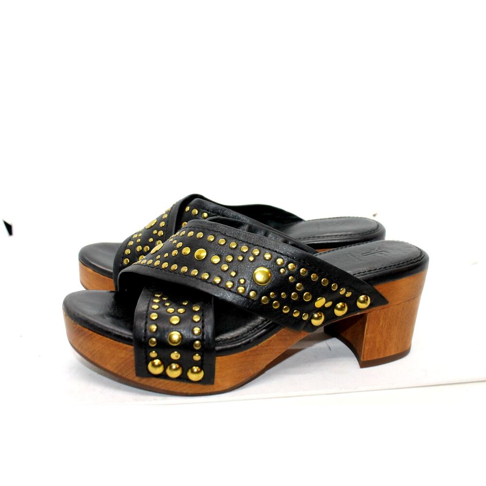 Frye Fiona Studded Black Leather Wooden Sole Clogs sz 6M